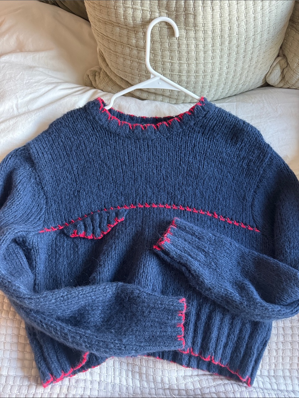 Navy Blue Crewneck Sweater with Red Contrast Stitching
